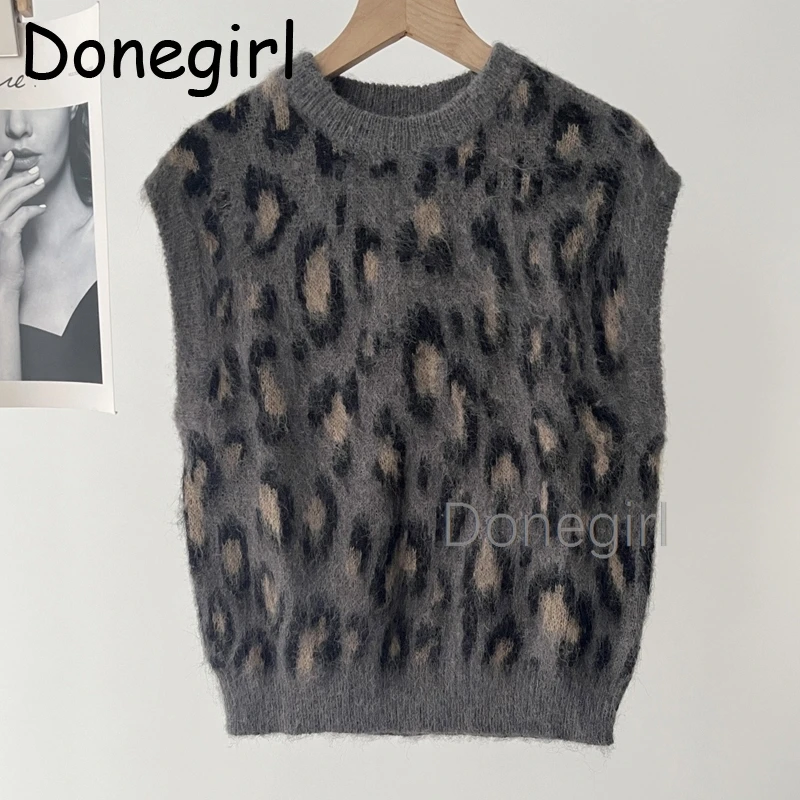 Donegirl Autumn Women O Neck  Leopard Print Knit Vest Casual Vintage Sleeveless Pullover Tops