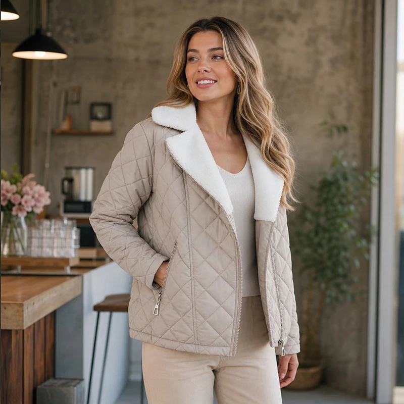 2026 Winter Padded Jacket Women Casual Commute Quilted Puffer Coat Faux Shearling Collar Zip Up Loose Fit Short Warm Outerwear