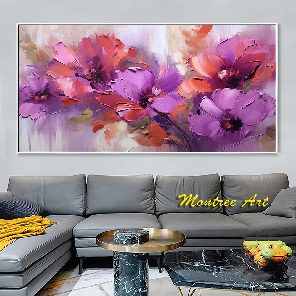 Handmade Oil Painting Boho Floral Canvas Oil Painting Blooming Purple Flowers Textured Wall Art Original Orchid Landscape Art