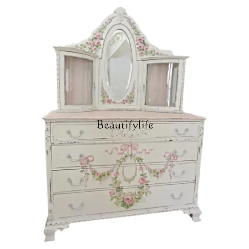 

French Retro Painted Art Cabinet European Style Solid Wood Carved Dressing Table and Chest of Drawers Combolx