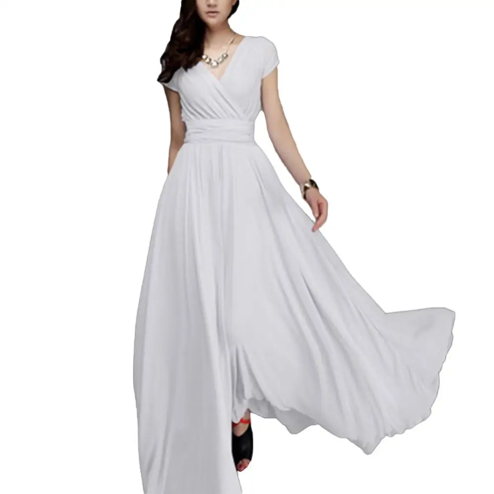 Hot summer Bohemian Women Solid Color Short Sleeve V Neck Tight Waist Maxi Evening Dress Tight Waist Maxi Evening Dress