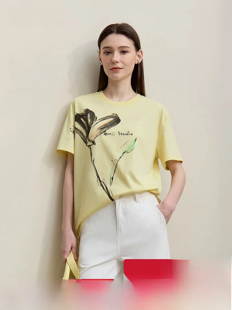 

Summer New round Ne Ice Cool Feeling ort Sve T-irt Women Loose Cotton Top Artistic Printing Casual Sle Commute Sui...
