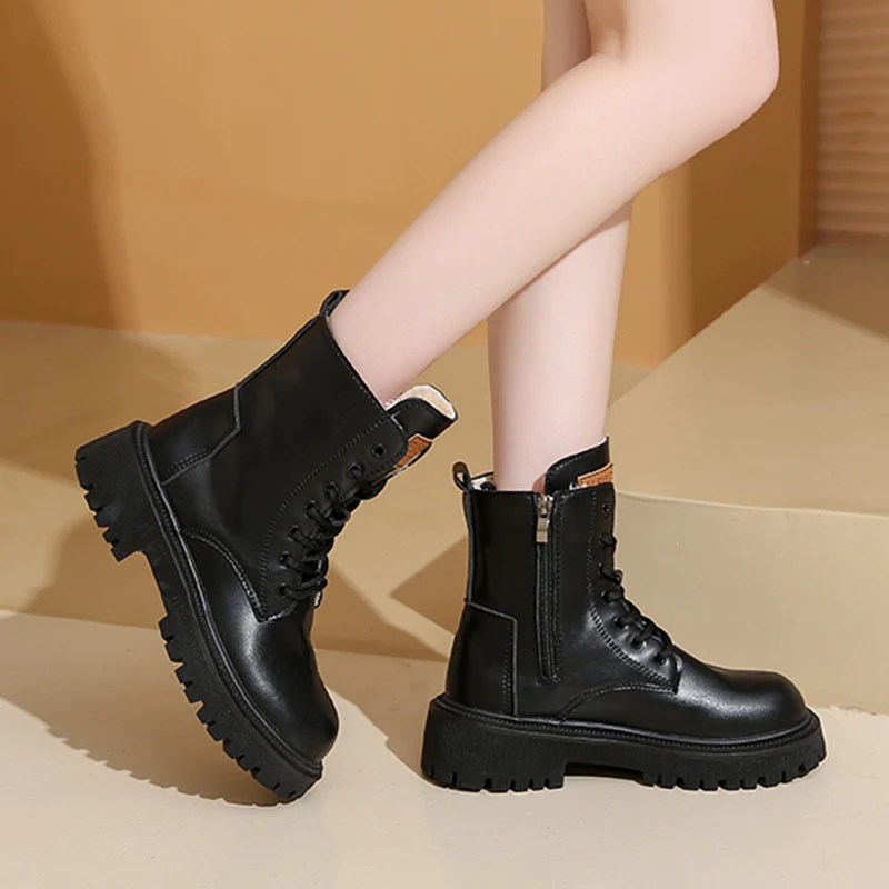 Warm Short Plush Pu Leather Ankle Boots Women Autumn Winter Platform Combat Boots Woman Thick Sole Zipper Lace Up Botas Mujer image 2