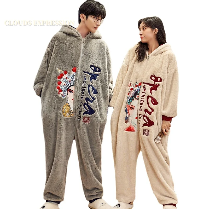 Winter Warm Flannel PJ Men\'s Jumpsuits Adult Onesie Pajamas for Couple Sleep Lounge Velvet Onesies for Mujer Wholesale Romper