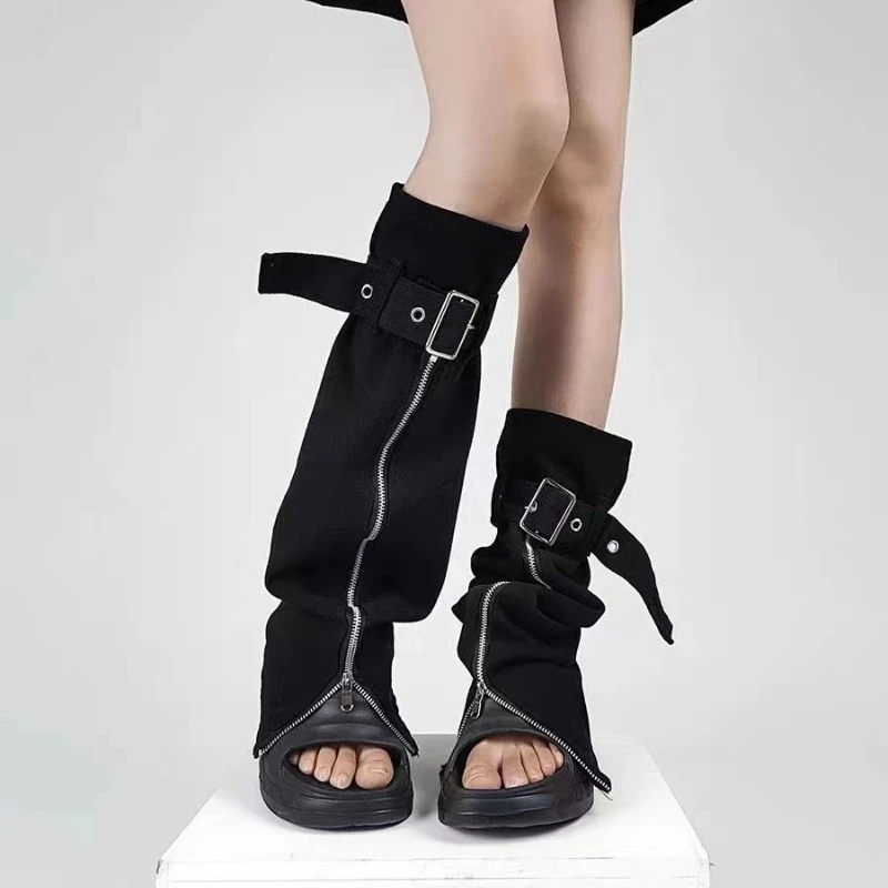 Y2k Goth Harajuku Zipper Adjustable Denim Foot Warmer Women 90s Vintage Punk Emo Pile Socks Gyaru Accessories Stockings Female