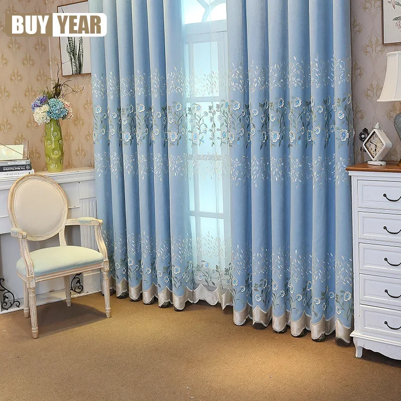 New Vintage Blue Embroidered Jacquard Curtains For Living Dining Room Bedroom European Style Embossed Yarn Tulle Customization