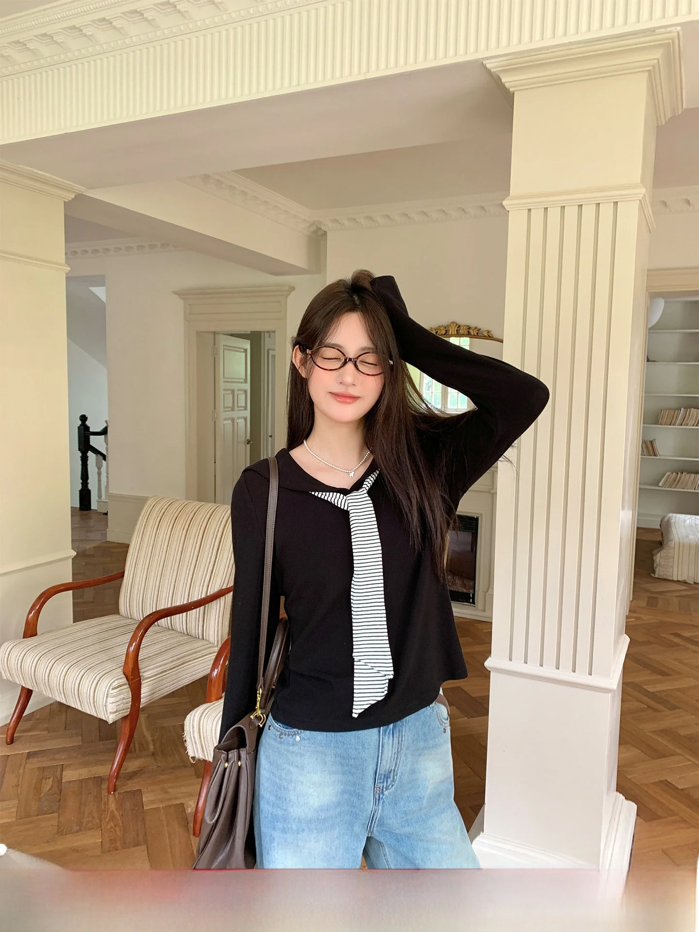 

Li Xiaoxiao женская трикотажная темно-синяя футболка с воротником в полоску, летний повседневный длинный свек, круглый топ, большие размеры