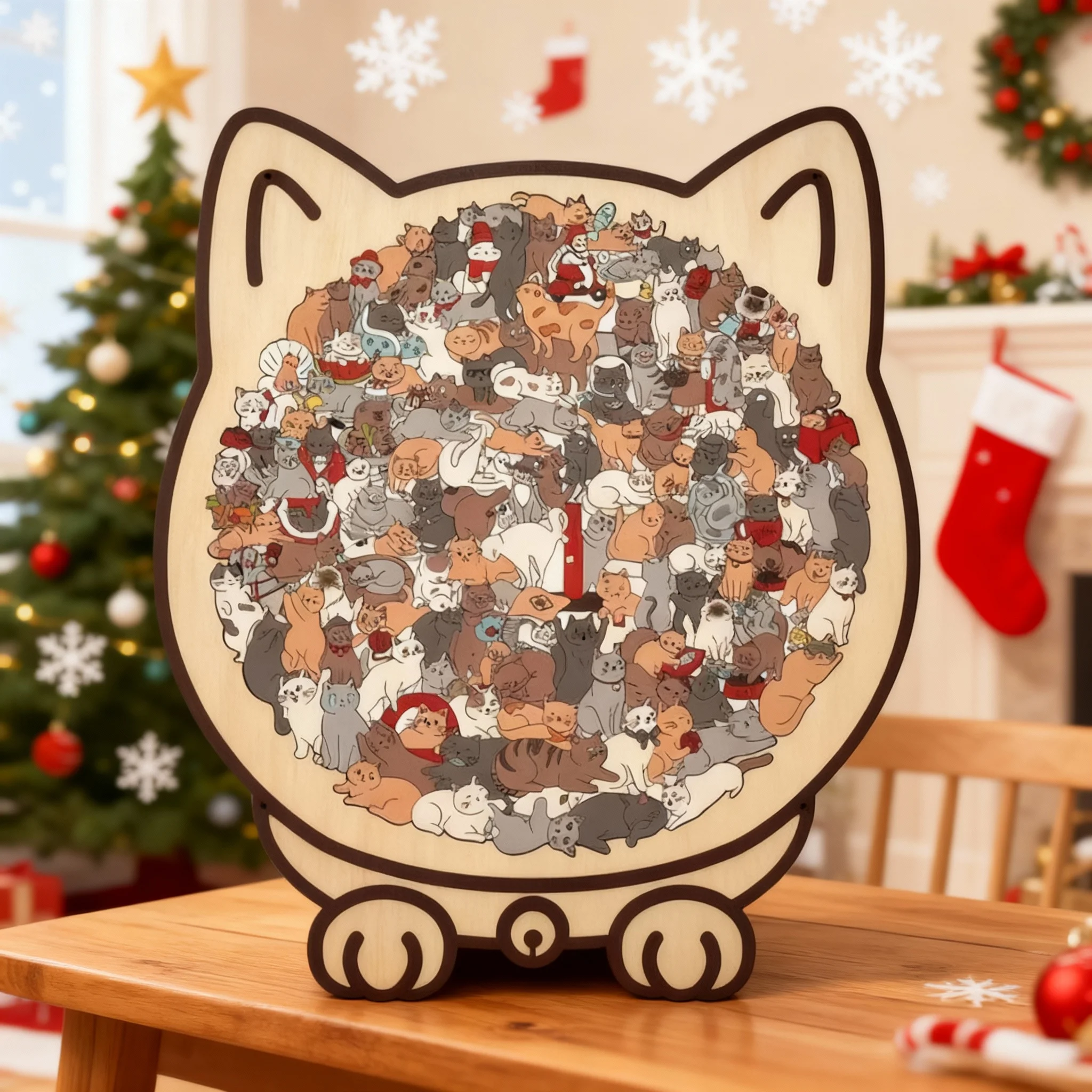 Cat-shaped Wooden Jigsaw Puzzle Unique Irregular Puzzle Pieces Game Birthday Xmas Gifts for Cat Lovers Home Decorations