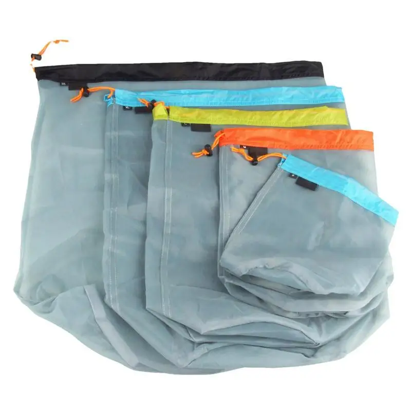 5Pcs/set Travel Mesh Stuff Sack Nylon Mesh Drawstring Storage Bag For Camping Travelling Hiking Sleeping Bag Ditty Sacks