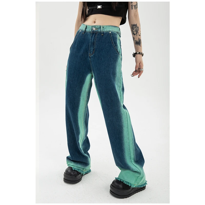 Womens Jeans High Waist Vintage Straight Baggy Pants Chic Design Streetwear Gradient Color Hip Hop Y2K Denim Wide Leg Trouser