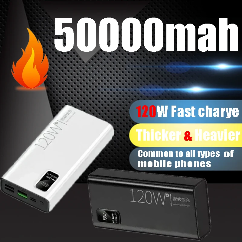 

120W Portable Large Capacity Power Bank Battery Charger 50000mAh For iPhone Samsung Huawei High Fast Charging External Battery