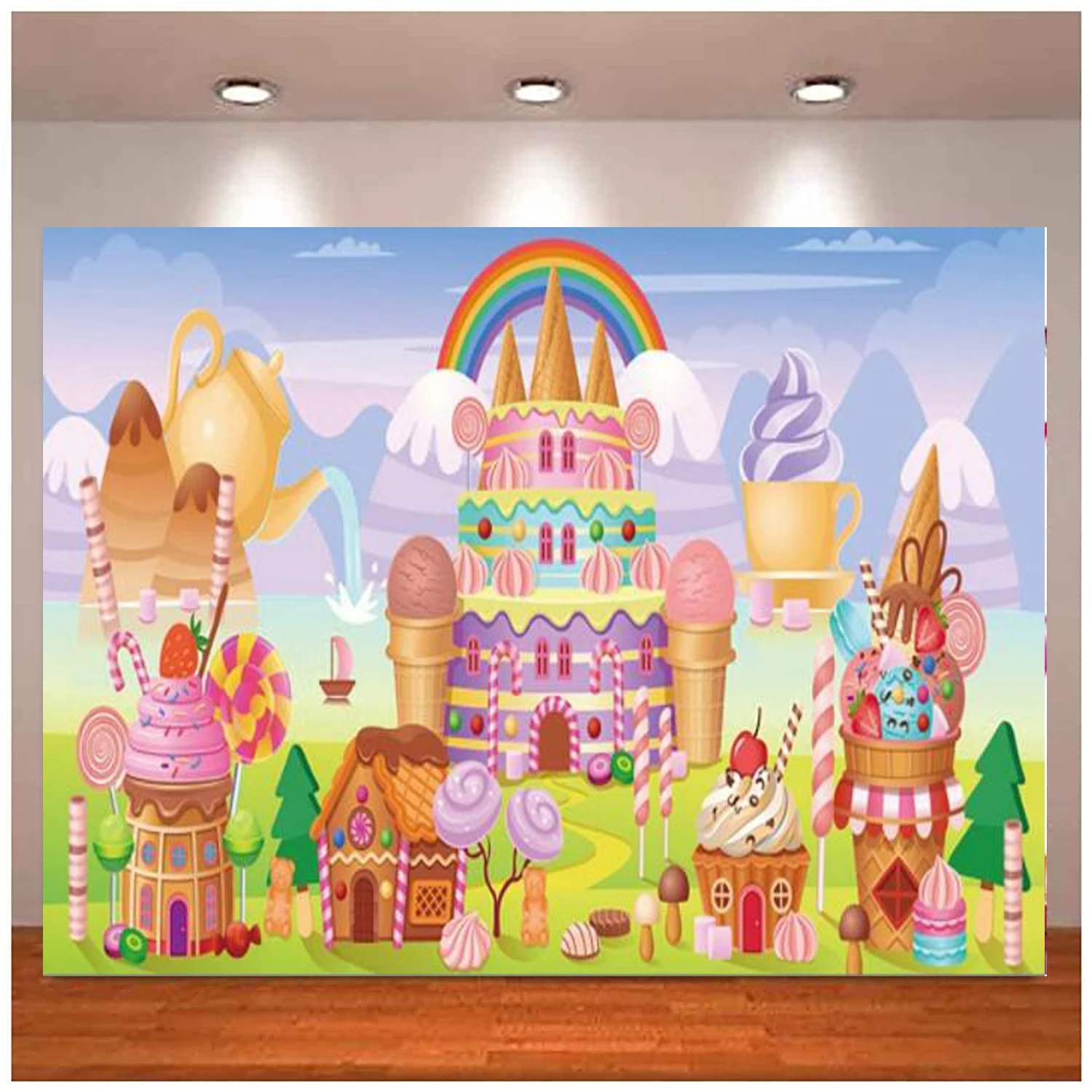 Candyland Photography Backdrop Fairy Tale Castle Ice Cream Lollipop Rainbow Park Background Cartoon Birthday Party  Decor Banner