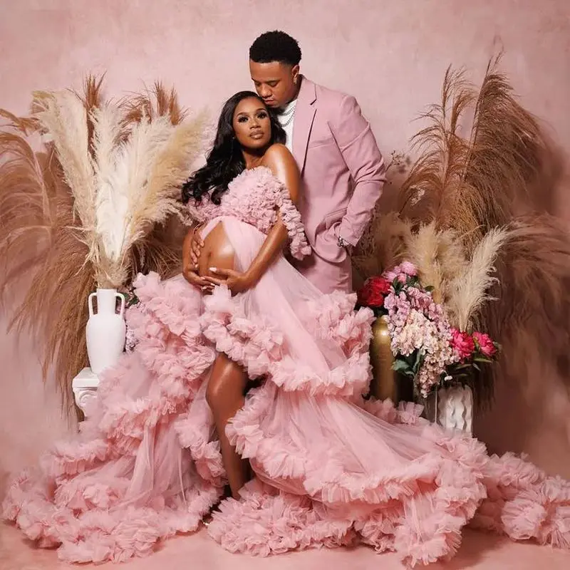 

Off Shoulder Spaghetti Ball Gown Maternity Dresses for Photoshoot Hot Sale Tulle Pink Pregnant Woman Dress for Babyshower