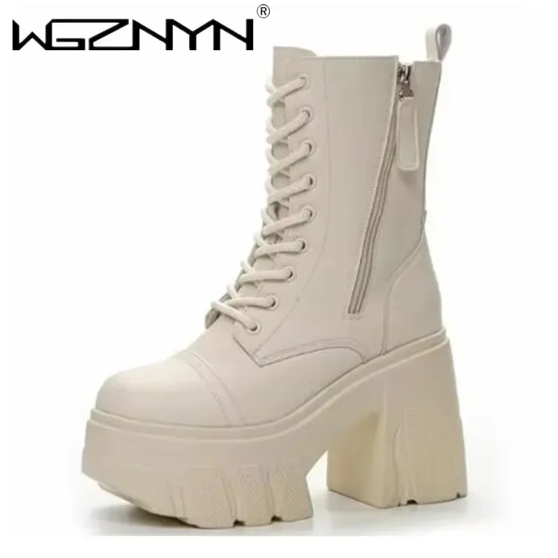 

Luxury 11CM Microfiber Punk Women Boots Platform Wedge Knee High Fashion British Boots ZIP Leather Ankle Synthetic Autumn Shoes