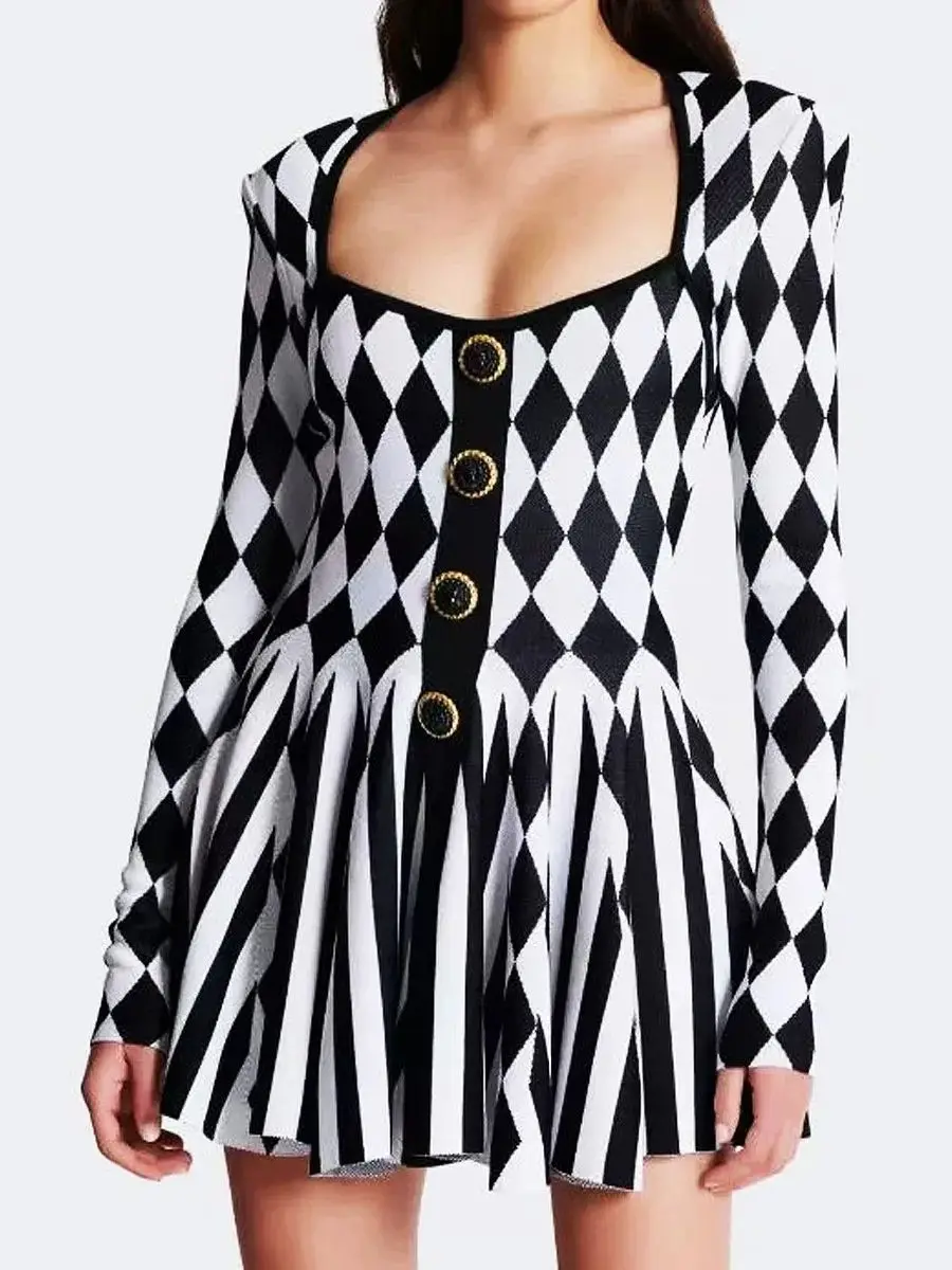 

HIGH STREET Newest 2024 Runway Designer Fashion Women's Long Sleeve Sexy Square Neck Checkered Knit Dress