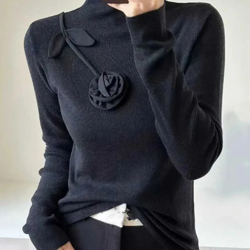 

Draweye Flowers Autumn Winter Clothes Woman Sweaters Half High Collar Vintage Pullovers Elegant Korean Fashion Pulls Femmes