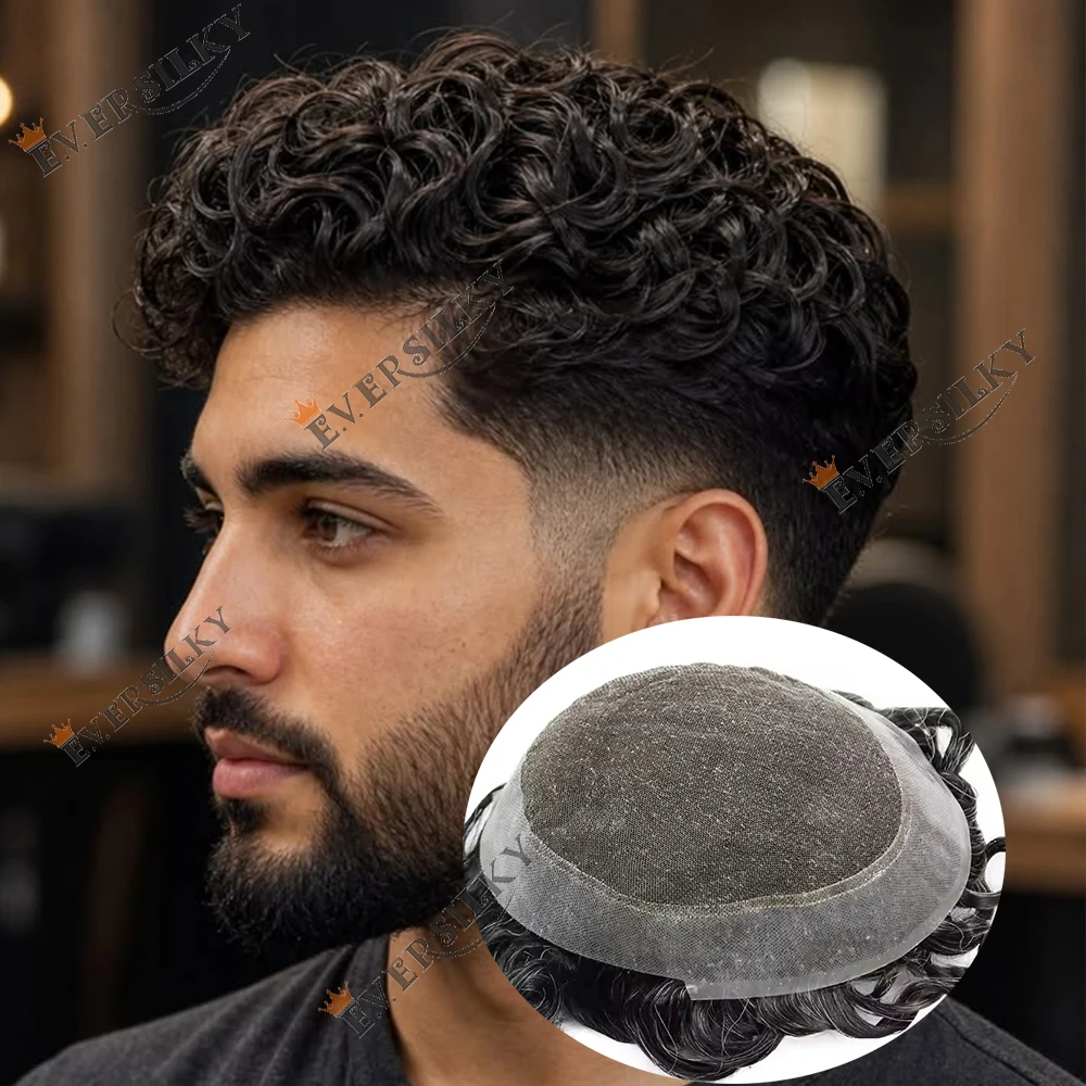 Herren-Toupet, atmungsaktive Spitze mit dünner PU-Basis, graubraunes Echthaar-Ersatzsystem, Haarteile für Männer, 20 mm gelockte Herrenperücke – Detail 6