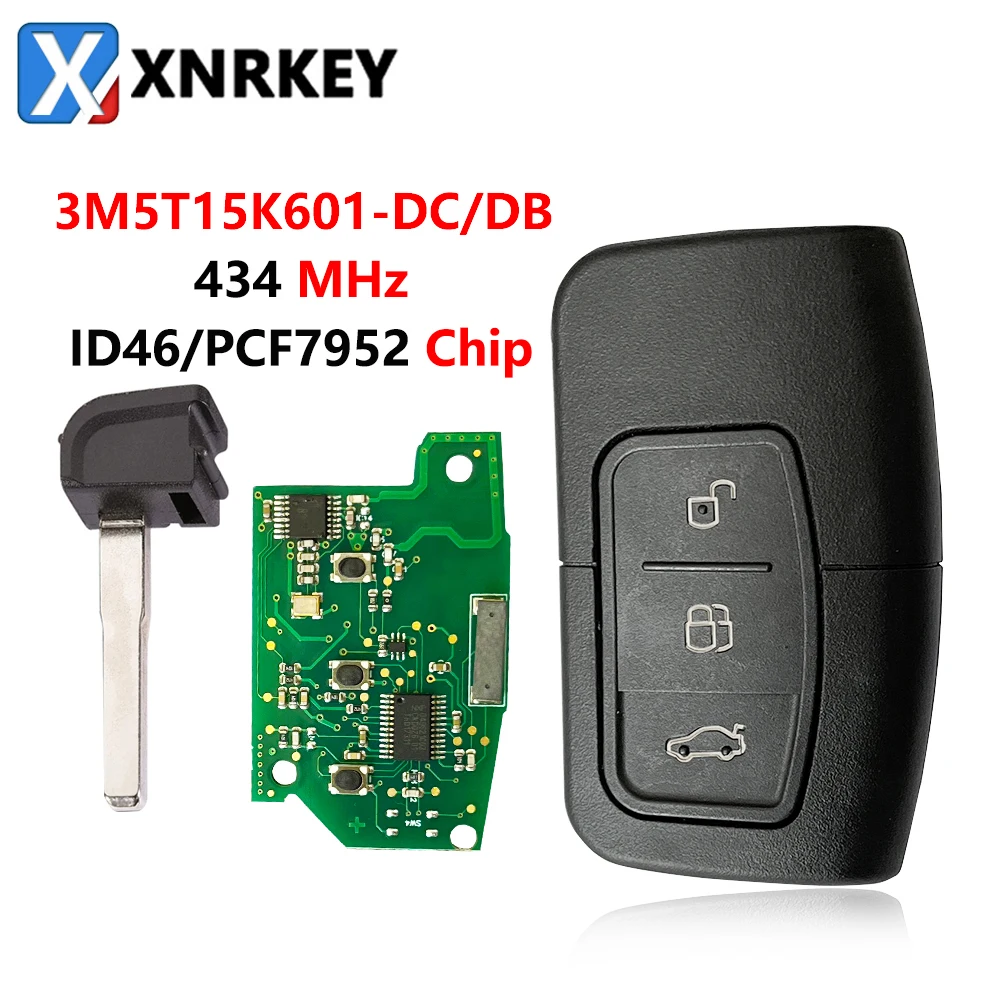 XNRKEY 3 Button Smart  Remote Car Key ID46/PCF7952 Chip 434Mhz for Ford Fusion Focus Fiesta Mk7 Escape Kuga FCC 3M5T15K601-DC/DB