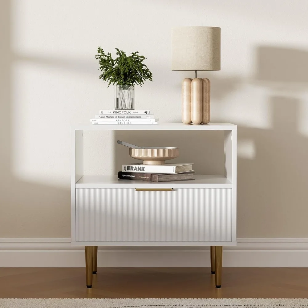 White Nightstand  with Storage, Side Table with Open Space, Bed Side Table for Bedroom, Modern Nightstand with Golden Handle