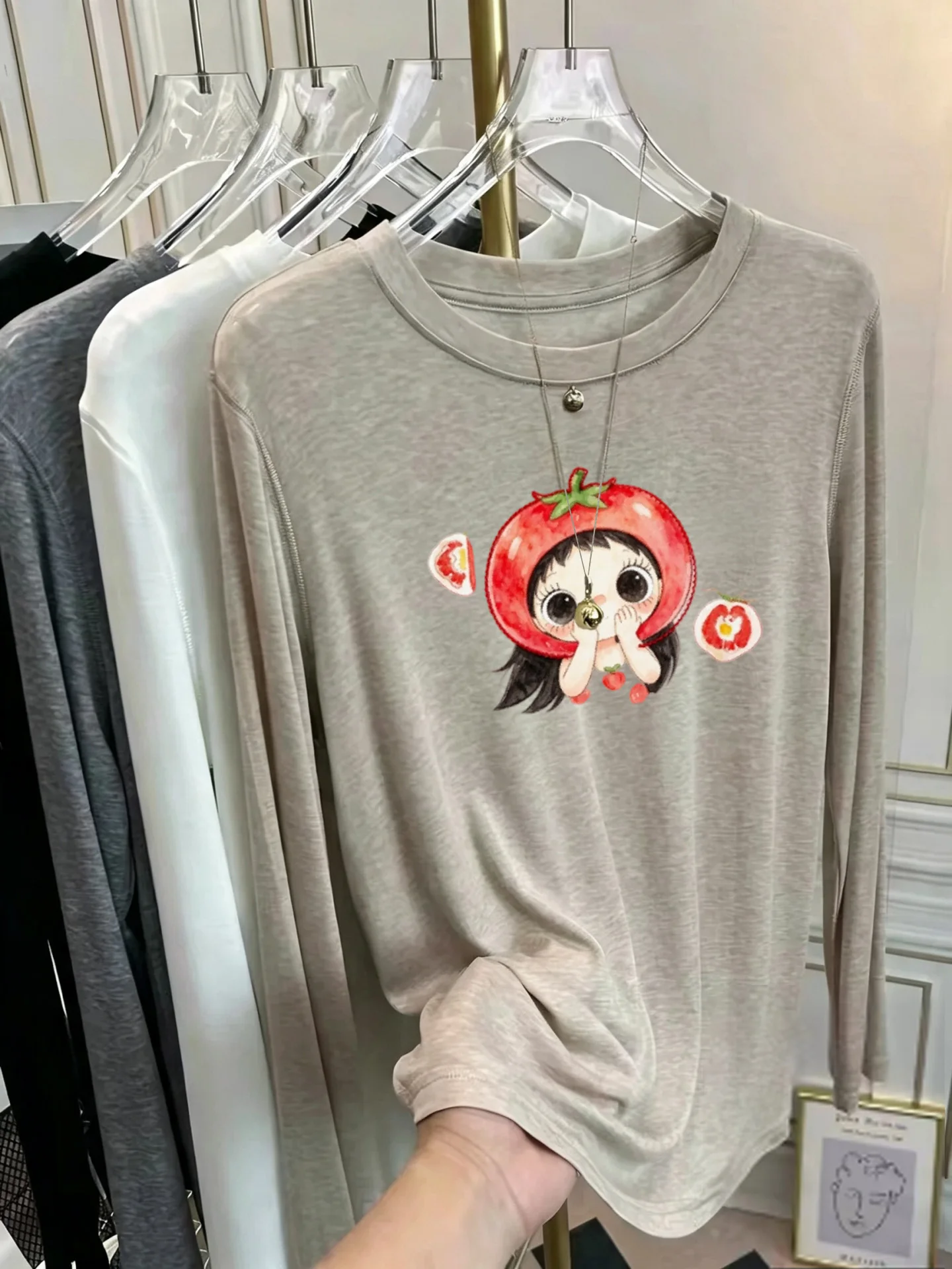 Korean Style Women's Long Sleeve T-Shirt Soft Sunscreen Print Thin Base Layer Mask Design Early Autumn Fashionable Top