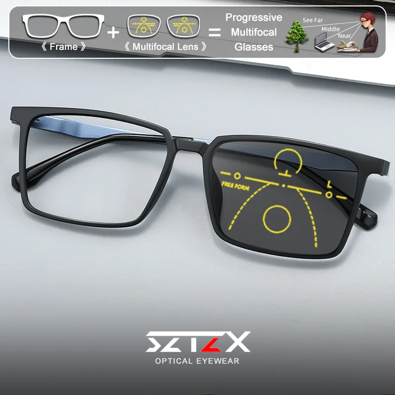 Lunettes optiques de style professionnel SZTZX pour hommes, monture carrée surdimensionnée en alliage, anti-lumière bleue, photochromiques, multifocales, avec prescription
