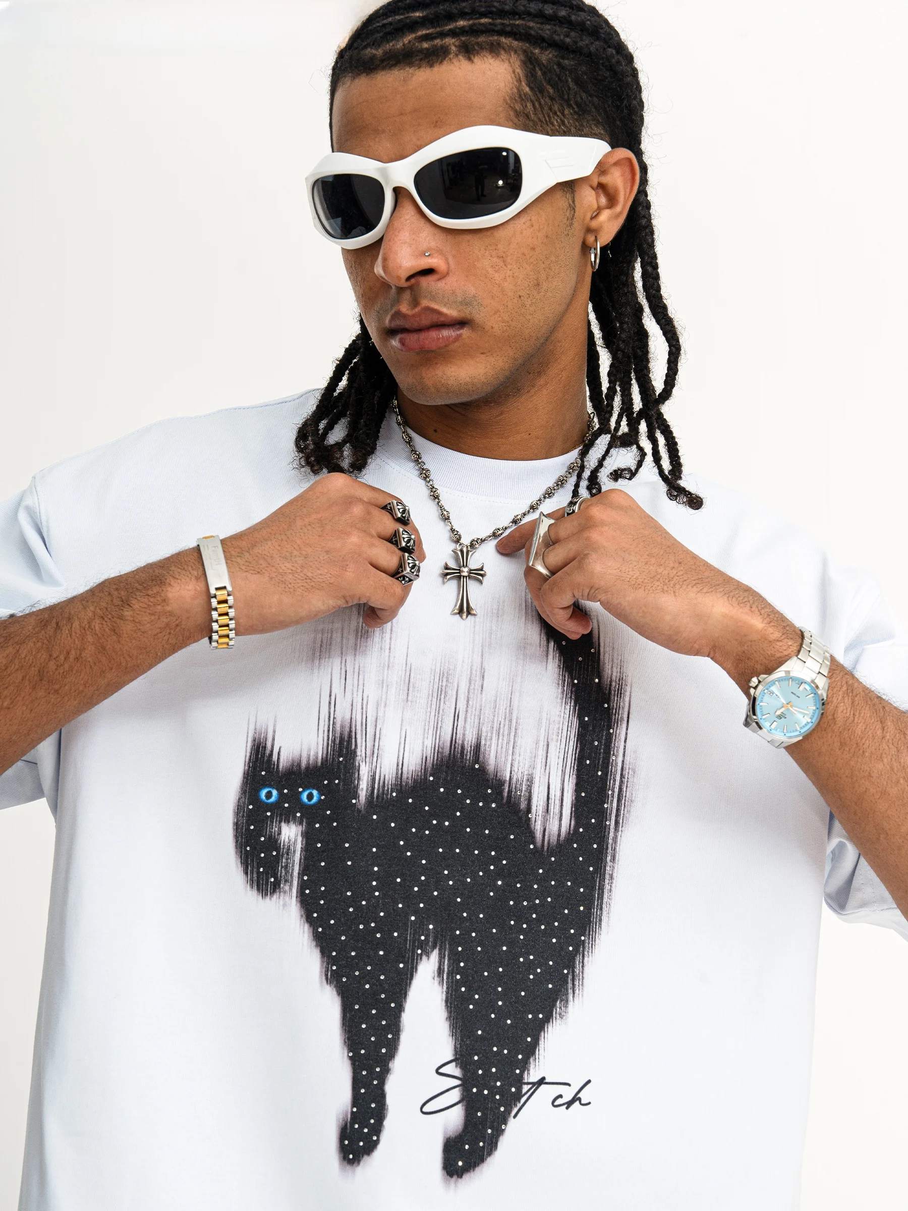 Onesevenine White Ink Direct Spray Short Sleeve T-Shirt Summer New Loose Unisex 315g Small Collar  Print Cotton Tee