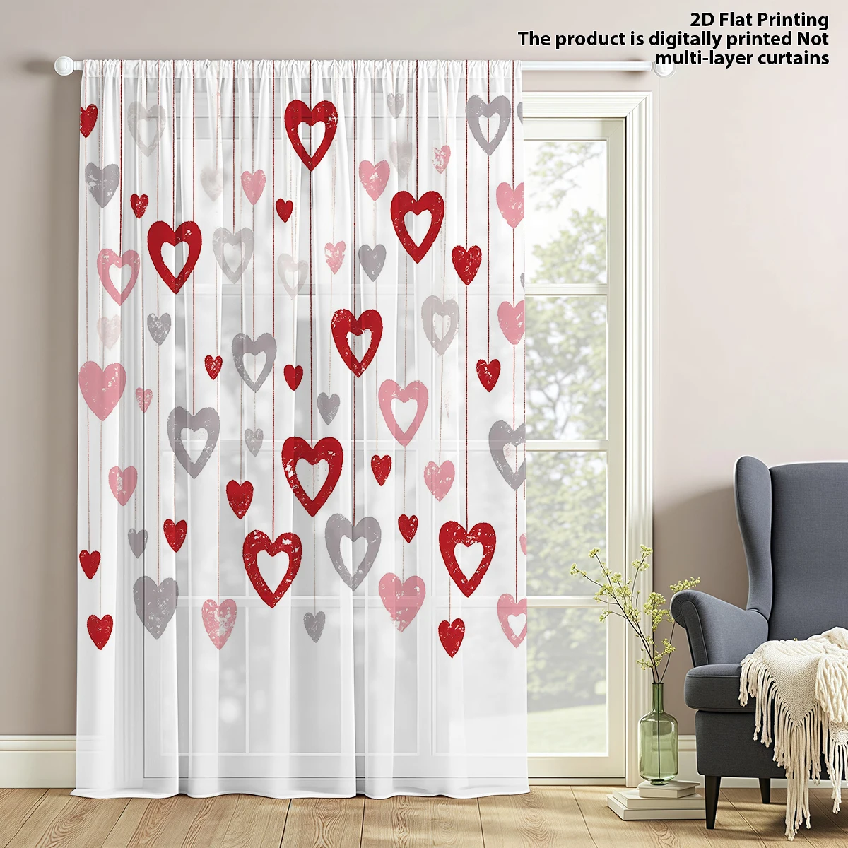 Home Office Pc - 1 PC Red Heart Print Sheer