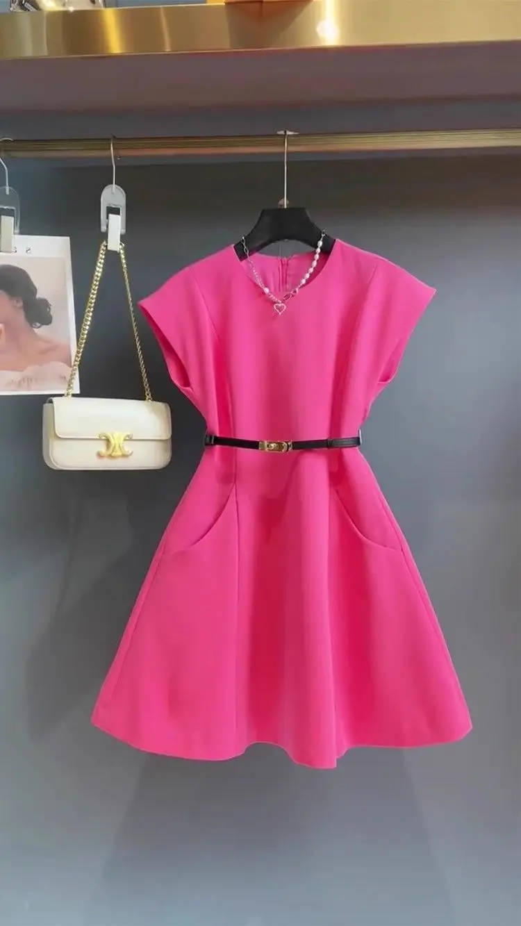 Spring and Summer Rose Red Dress Korean Version New Fashionable and Casual Unique Waist Cinching Elegant Women's Dress