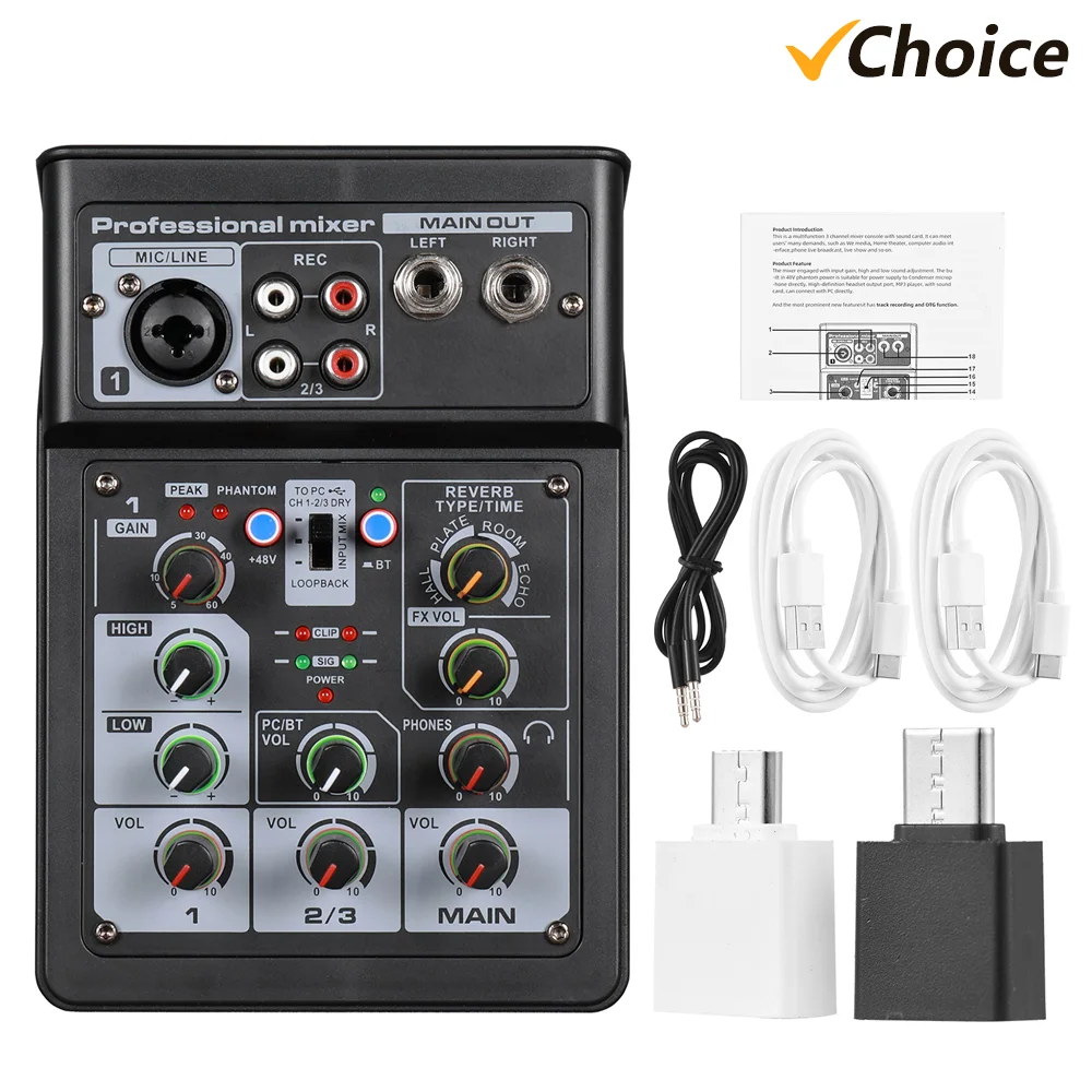

3 Channel Audio Mixer BT Digital Stereo Sound Board Console System DSP Scene Effect Track Record Soundcard OTG XLR RCA Input