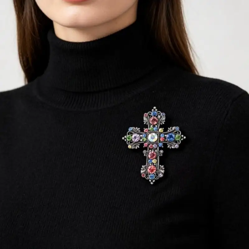 Trendy Rhinestones Cross Brooches for Women Unisex Creativity Pins Badges Office Party Backpack Gifts Jewelry Accessories