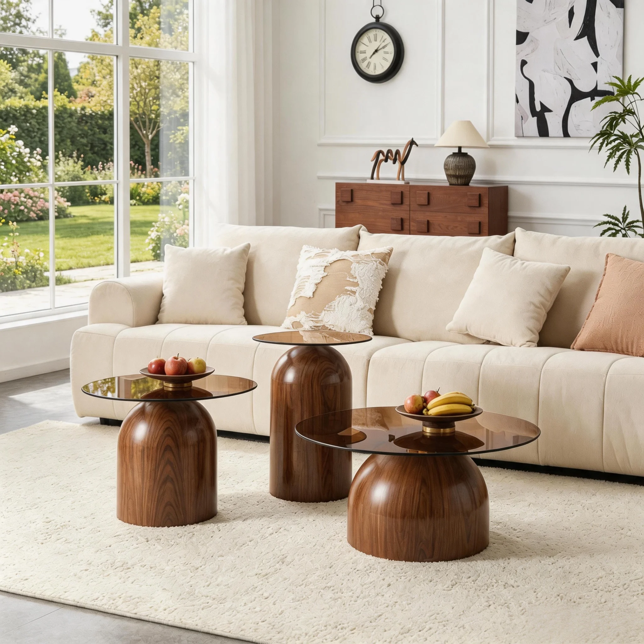 Ensemble de 3 tables basses rondes avec plateau en verre trempé brun et structure en acier carbonisé finition noyer, tables d'appoint gigognes pour salon, chambre, café