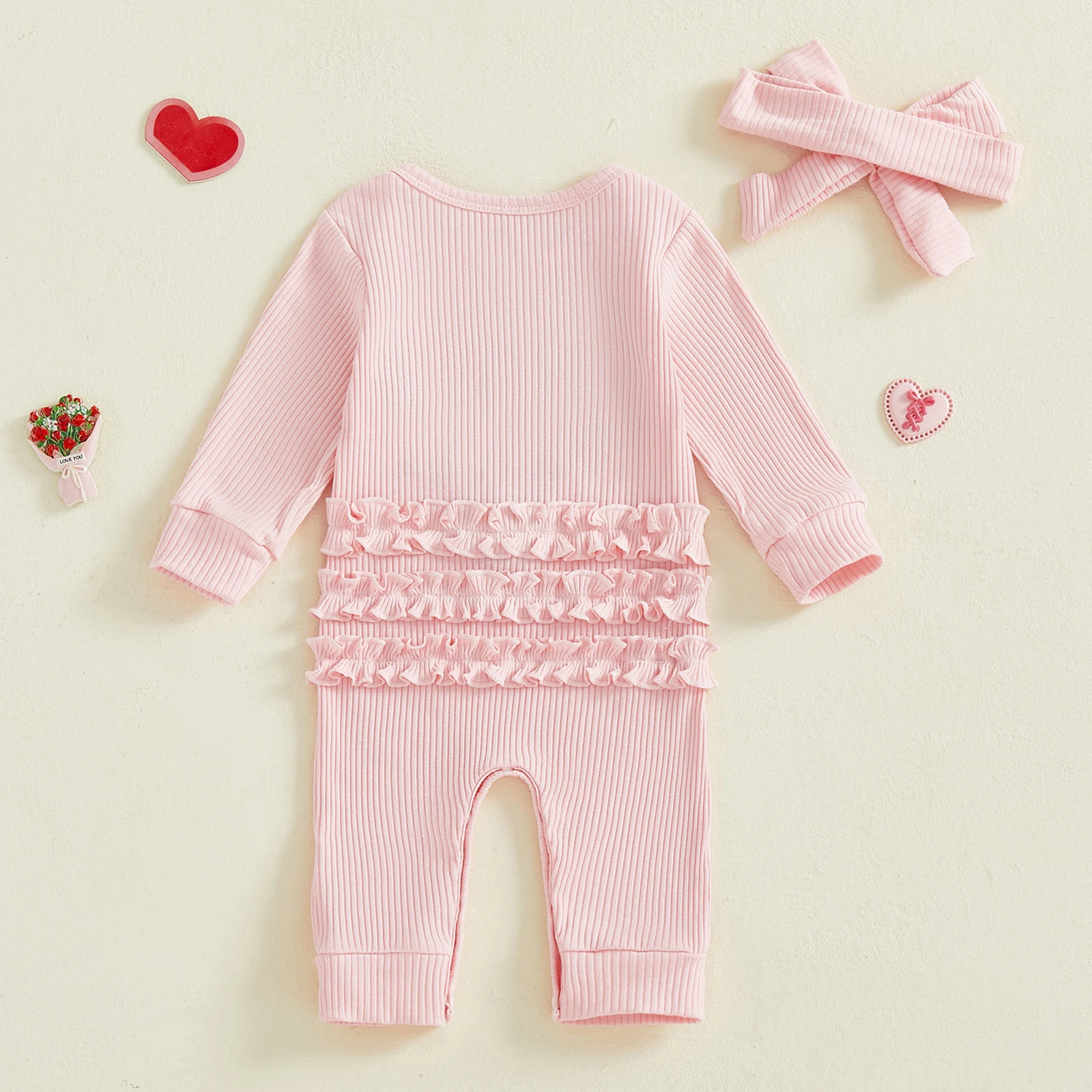 

Осенний наряд для новорожденных девочек, комбинезон с длинными рукавами и вышивкой букв и повязкой на голову, детская одежда на День Святого Валентина