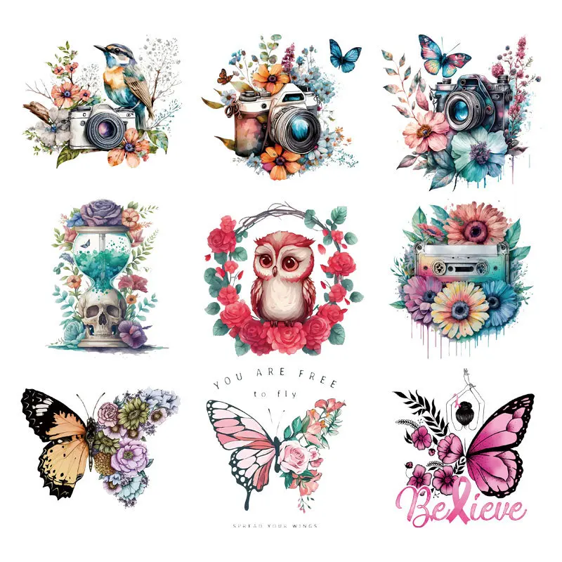 Butterfly and Bird Camera Heat Transfer Stickers Clothes Stripes Women Thermal Stickers Iron On Patches T-Shirt Applique