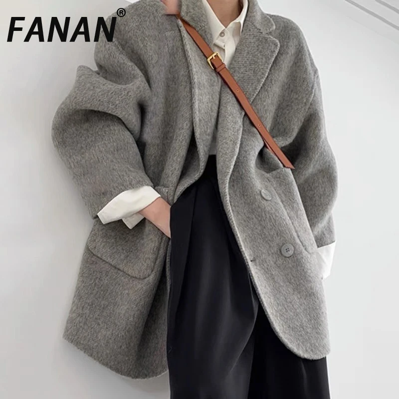 

FANAN темпераментные шерстяные куртки для женщин, двубортные толстые теплые пальто с зубцами, офисная женская верхняя одежда, модная зимняя новинка 2025 года
