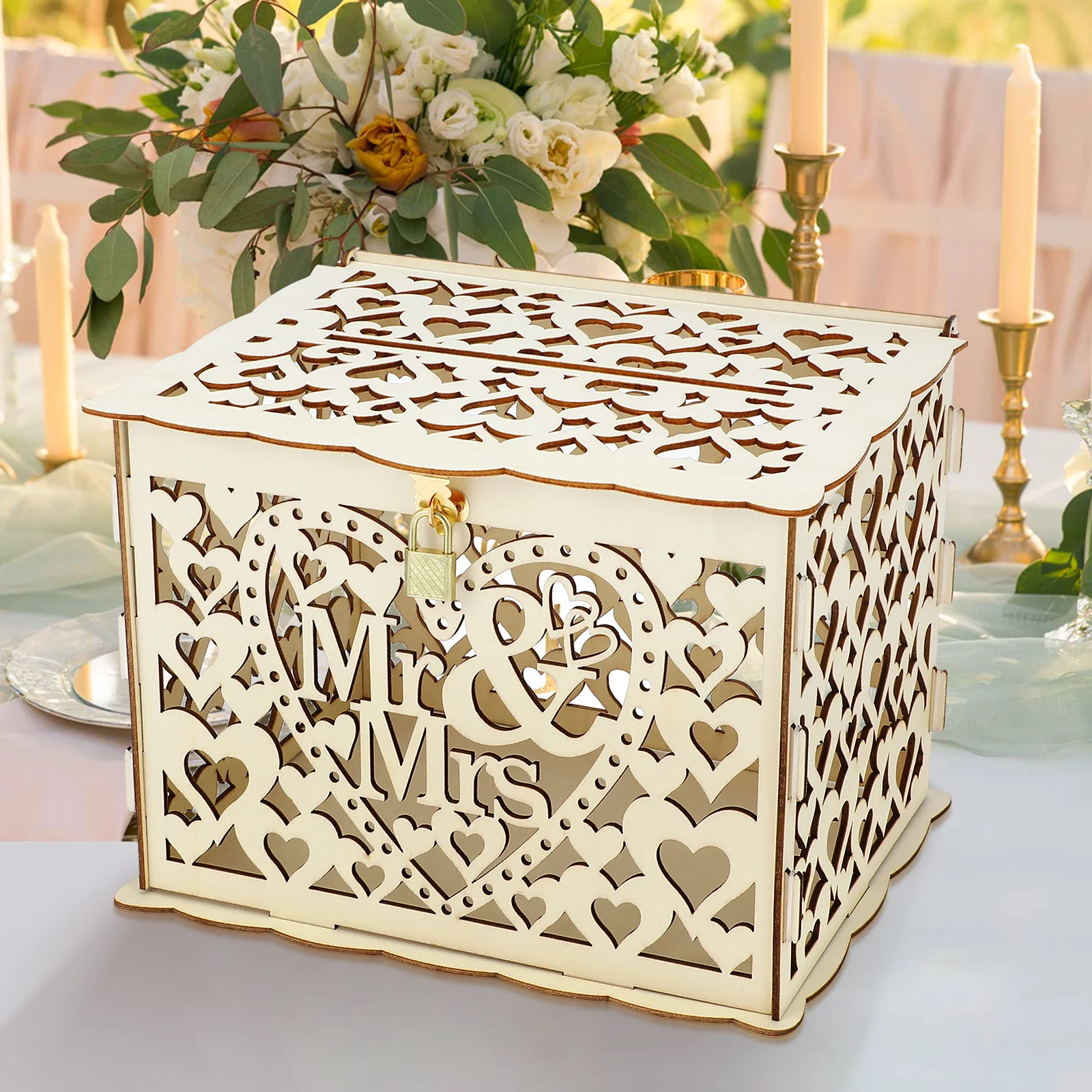 12개 나무 웨딩 박스 (카드, 꽃용), 락 장식이 있는 빈티지 디자인, 수제 DIY 보관함, 신랑 신부 답례품 박스, 웨딩 파티용