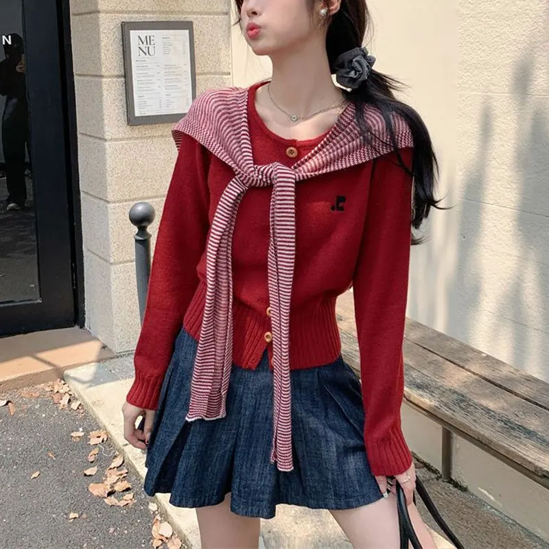 

Korean Striped Shawl Cardigan Knitted Female Clothing Slim Chic Embroidery Autumn Winter Casual O-Neck Single-breasted Sweaters