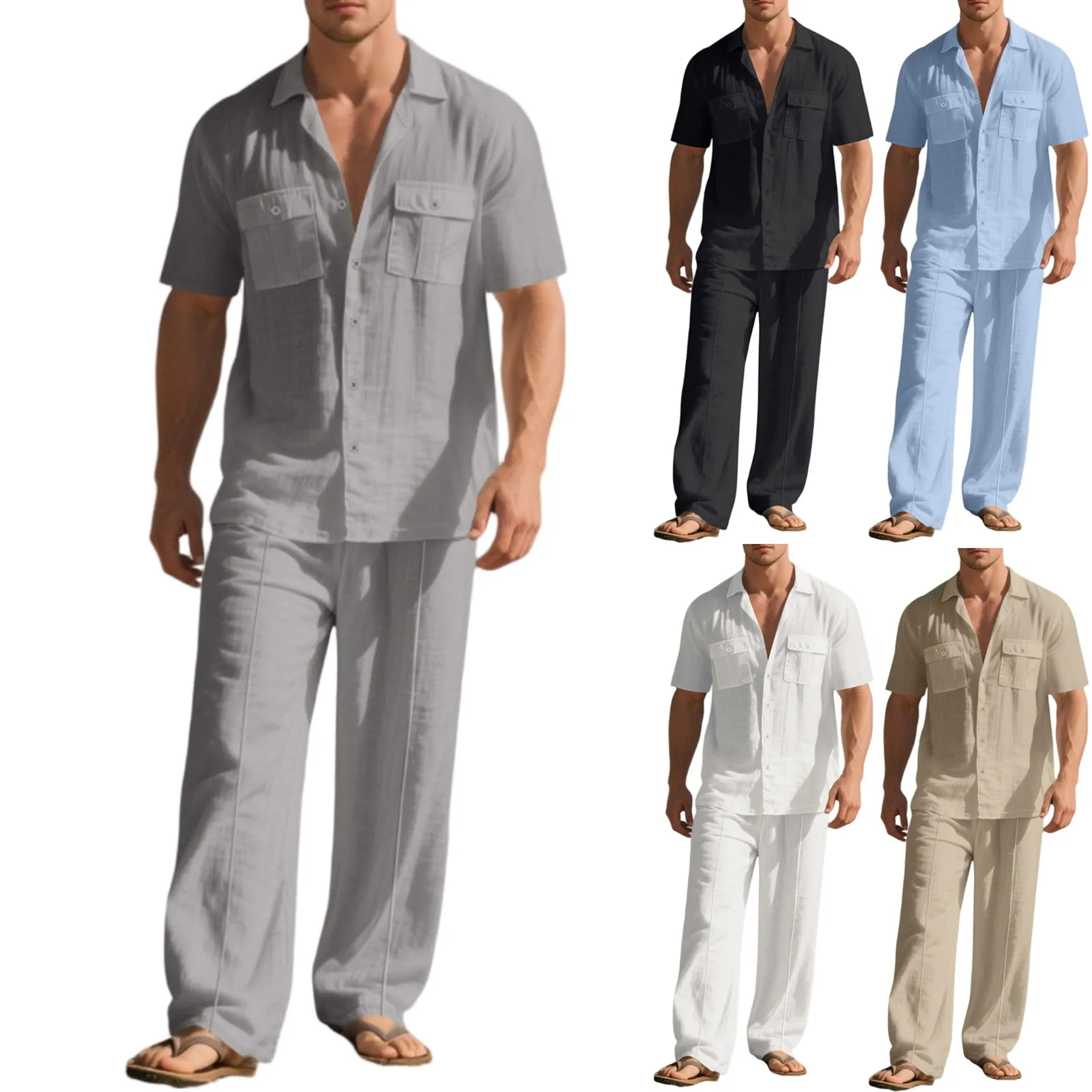 Abito da uomo casual in due pezzi in lino tinta unita risvolto doppia tasca con bottoni camicia a maniche corte pantaloni larghi con lacci in vita elastica