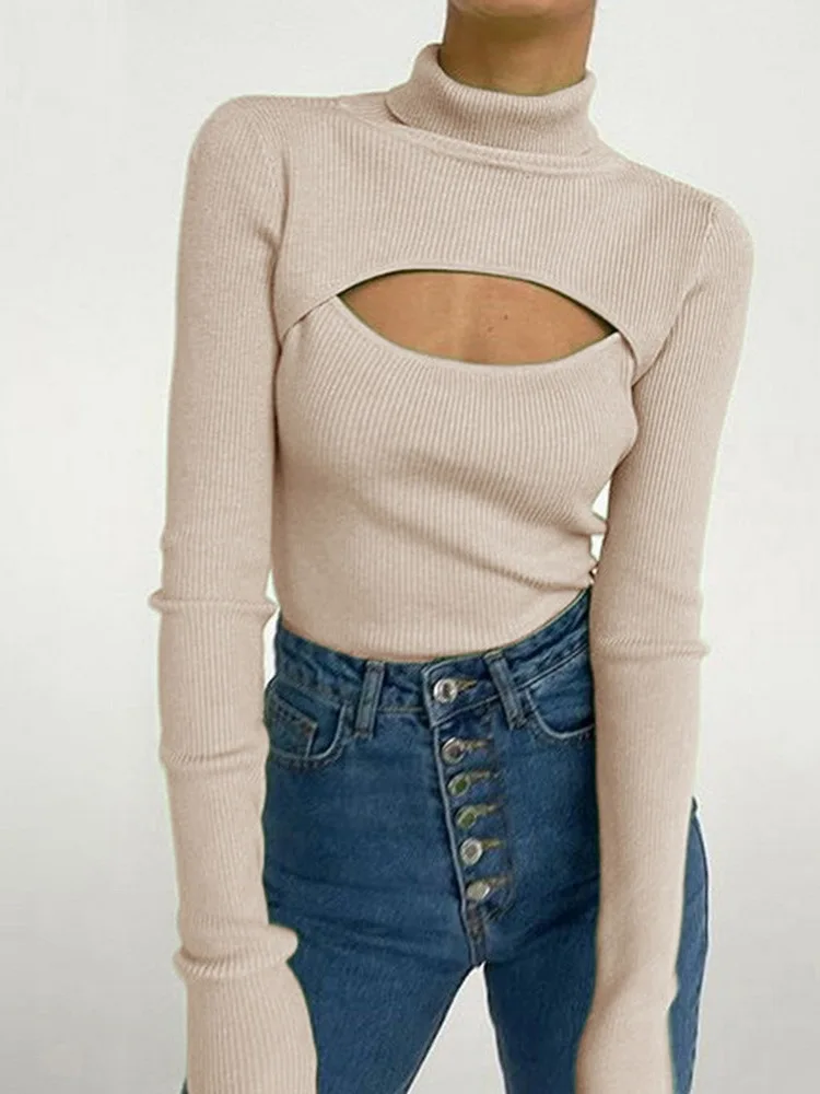 

Simple Hollowed out Knit Sweater Street Sle Slim Fit Long Sve round Ne Pure Color Versatile Chest Design Autumn Winter