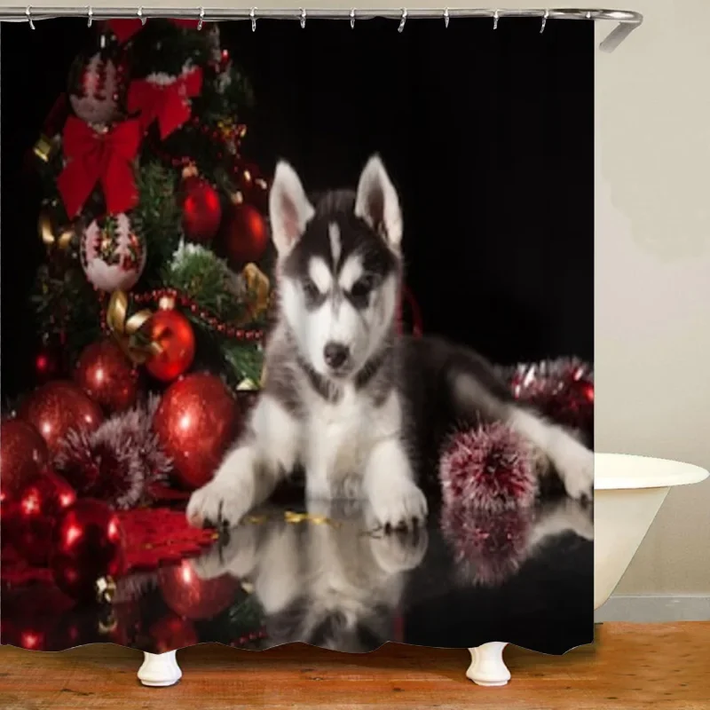 Cute Siberian Husky Shower Curtain Christmas Shower Curtain Set Husky Dog Puppy Bathroom Curtain Pet Dogs Christmas Home Decor