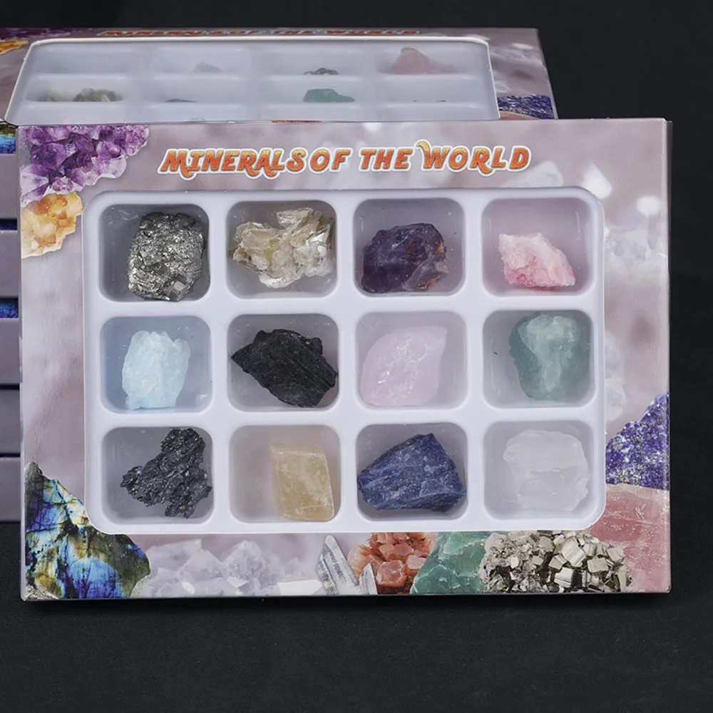

12pcs Natural Crystal Mineral Ore Box Mini Energy Gemstone Teaching Specimen Collection Gifts
