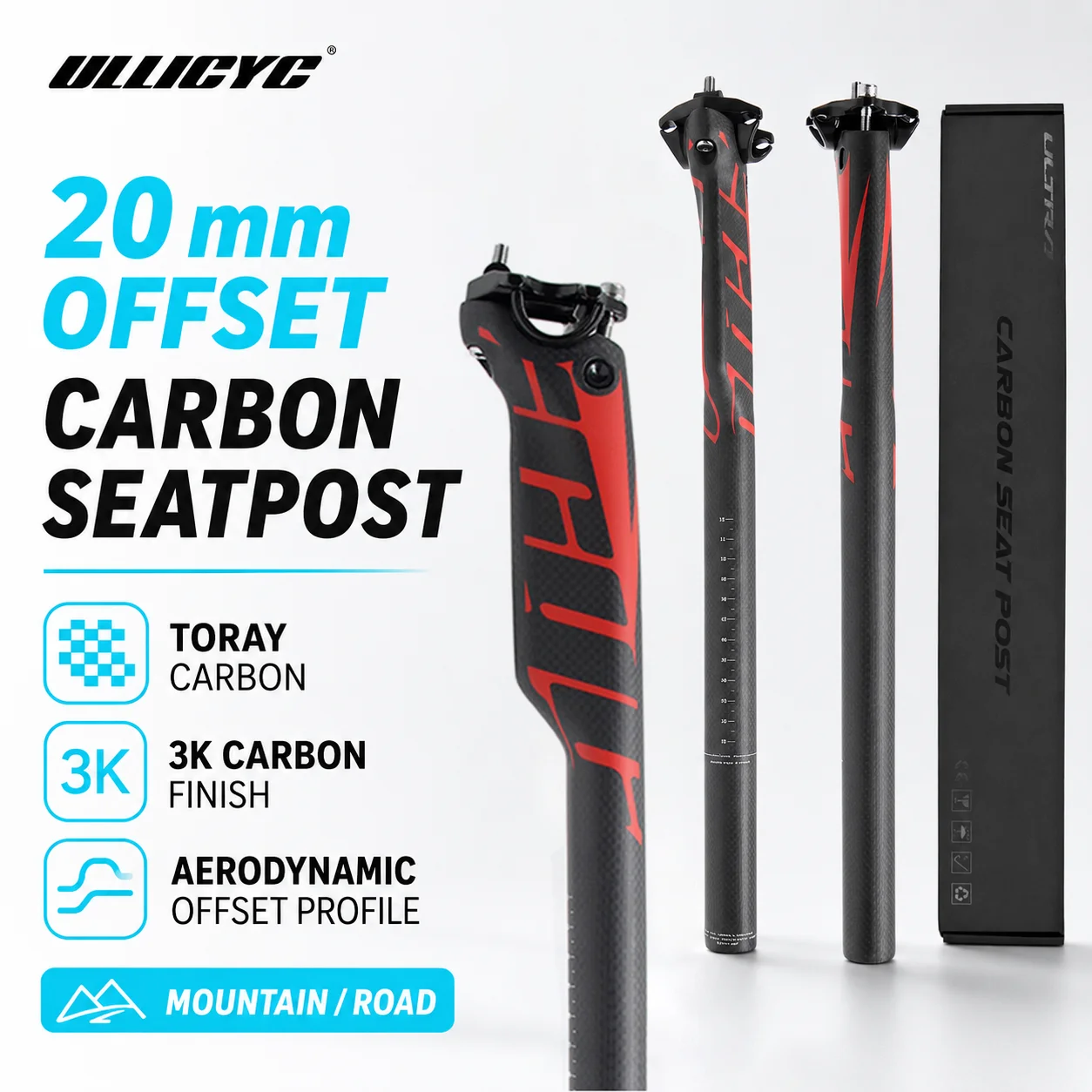ULLICYC Sattelstütze aus Carbon für Mountainbikes, versetzter Sattel, 20 mm, Fahrrad-Sattelstütze, 27,2/30,8/31,6 mm, für Fahrräder, Länge 350/400 mm, ZG308. – Detail 2