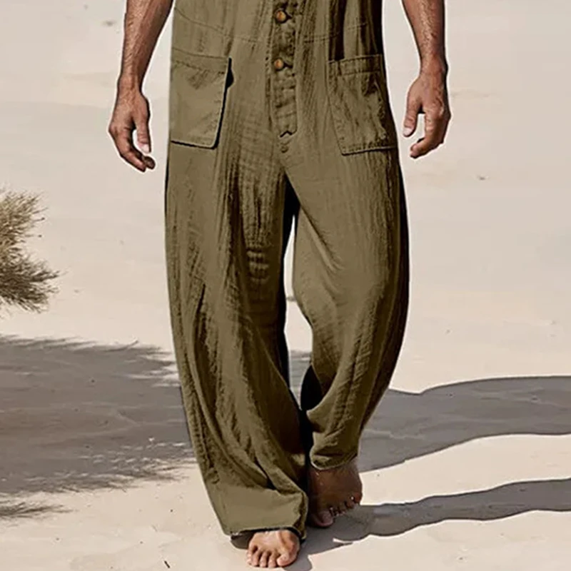 Retro Button-up Hooded Romper Mens Casual Loose Straight Pant Overalls Men Jumpsuits Spring Summer Vintage Solid Color Jumpsuits