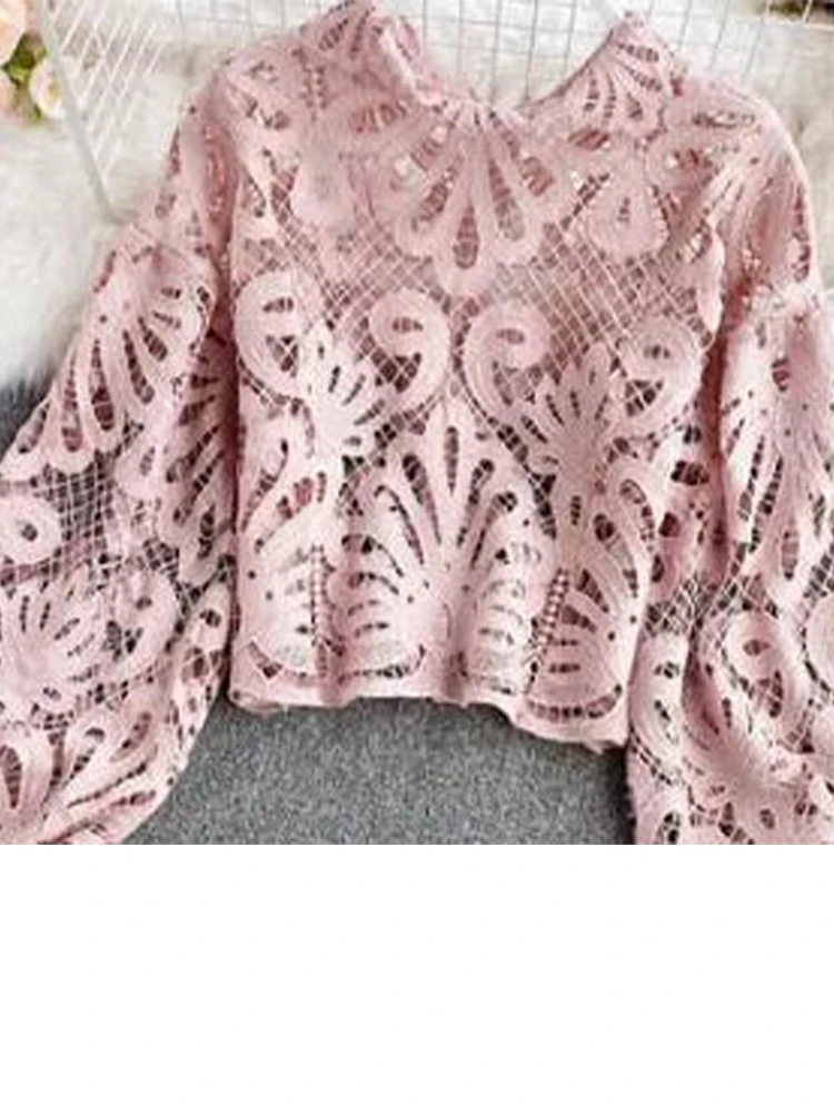 Seksowna koronkowa bluzka z wycięciami, codzienna koszula z długim rękawem typu lampion, stójka, elegancka damska bluzka w kolorze czerwonym/różowym/białym, luźny krój.