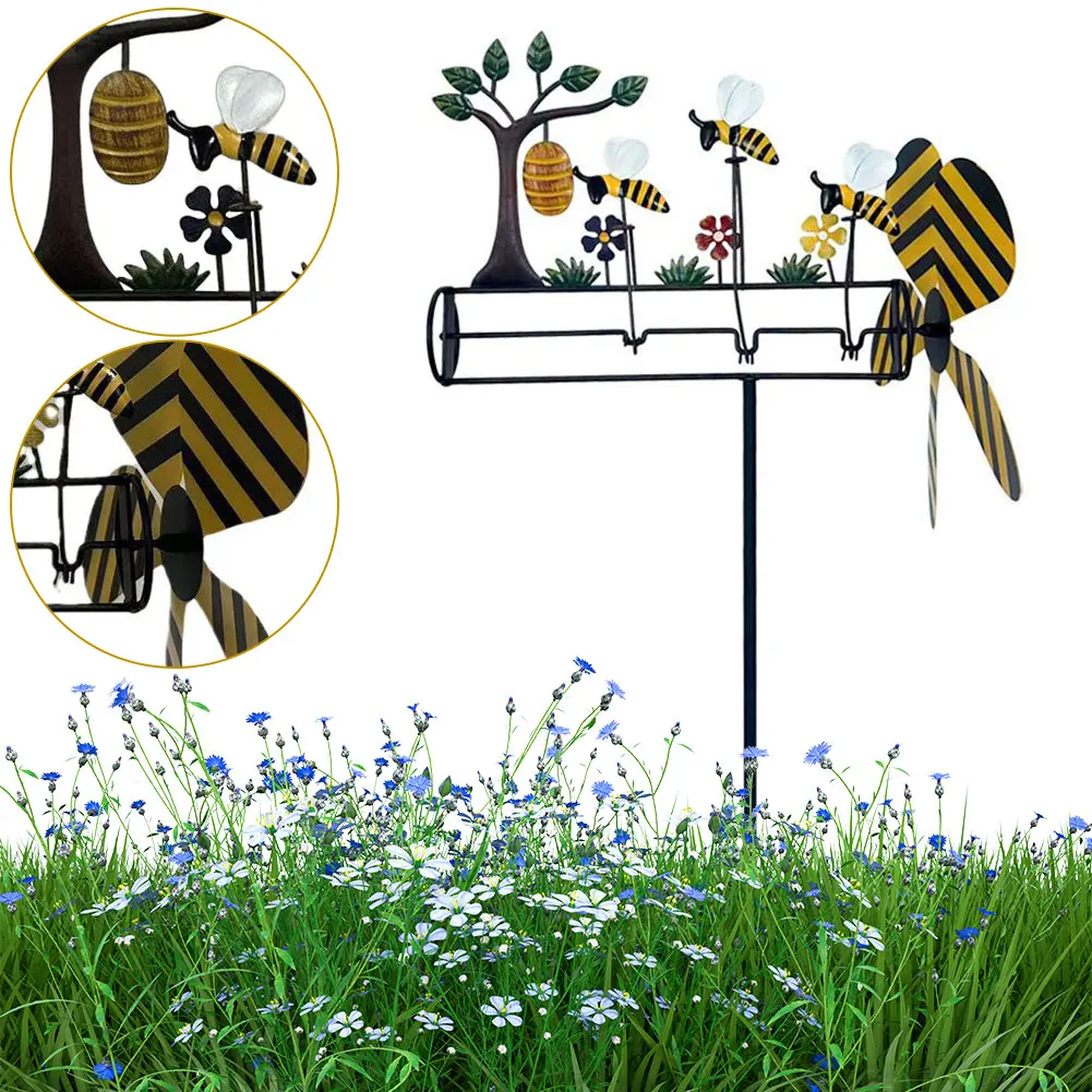 Lovely Bee Whirligig 3D Wind Powered Kinetic Sculpture Lawn Pinwheels Outdoor Wind Sculpture for Garden Yard Lawn Decoration