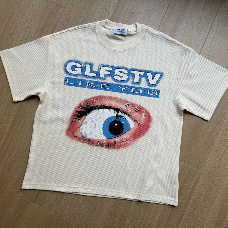 

Waffle Fabric Big Eye Print Label T Shirt Black Apricot Casual Short Sleeve Men Women Loose Quick Dry Breathe T-shirt Clothes
