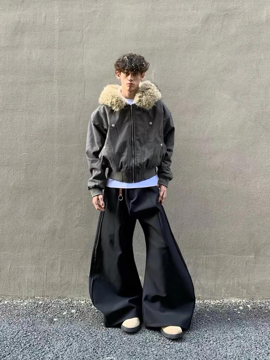 

Warmth Men's Hooded Jaet American Retro Mountain Eagle Design Cotton Coat with Fur Collar ort Sle for Autumn Winter