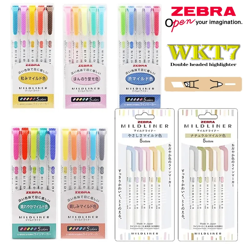 

5 цветов/набор, японские маркеры ZEBRA Mildliner, маркер на водной основе, WKT7, канцелярские принадлежности Kawaii, ручки-раскраски