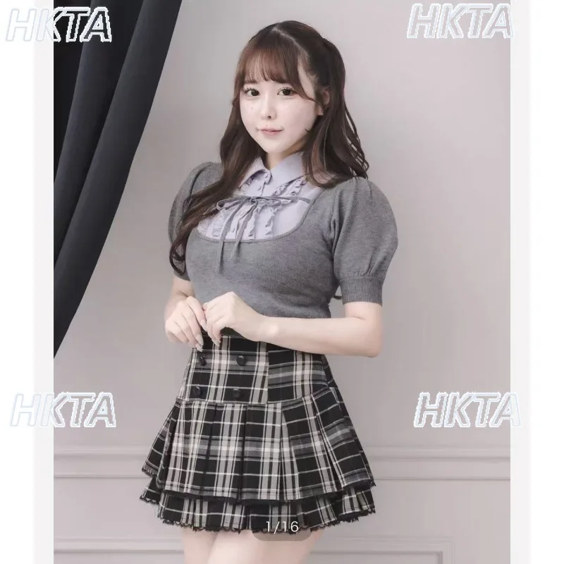 Japanese College Shirt Collar Polo Collar Splicing Bubble Short Sleeve Knitted T-shirt Top Summer New Fashion Slim Knitted Shirt