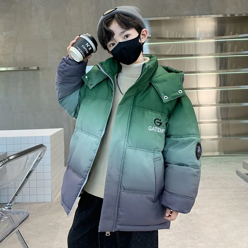 2025 Winter New Kids' Thick Korean Style Fleece-lined Quilted Cotton-padded Coat Boys Solid Gradient Design Winter Outerwear