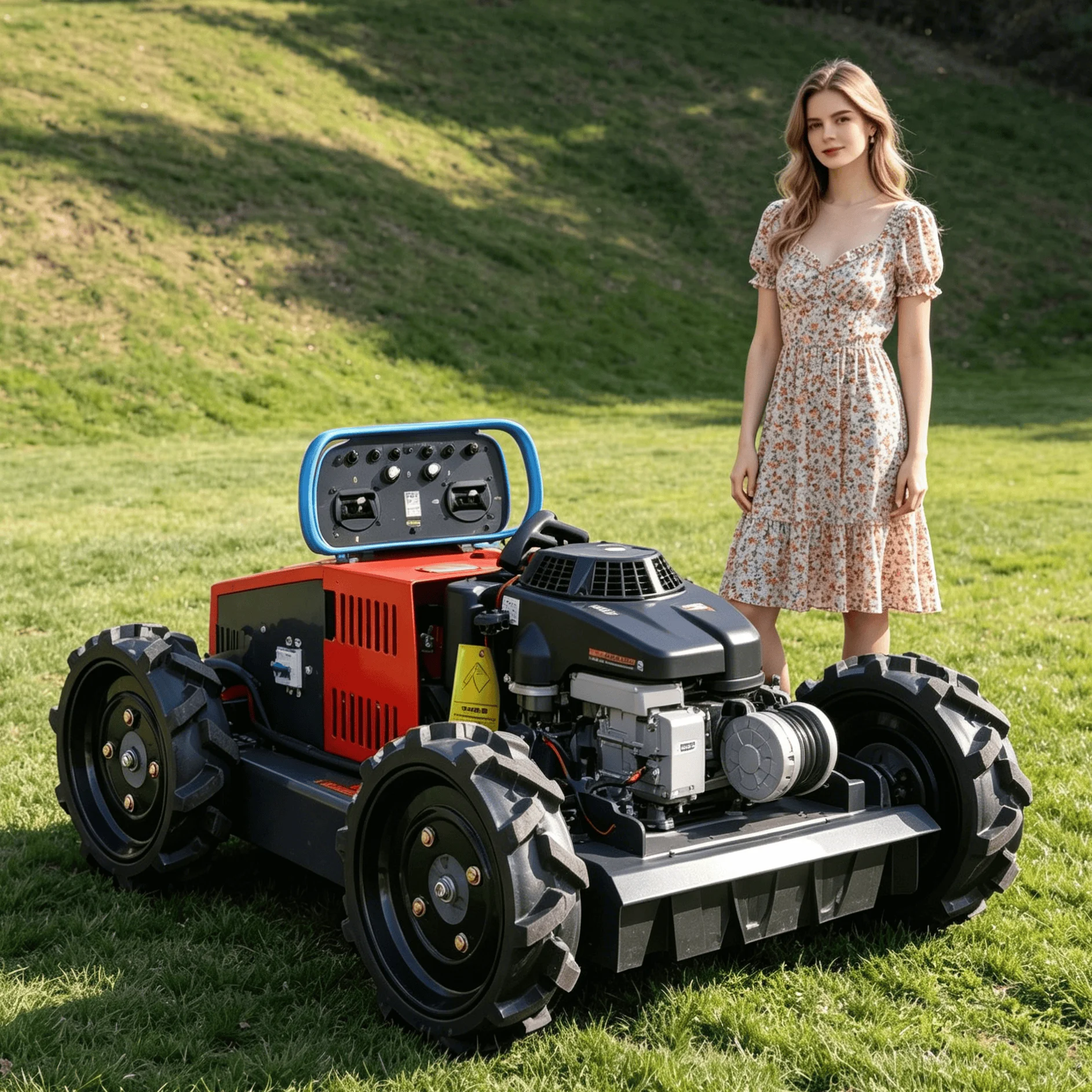

Customized remote control petrol robot lawn mower thick wear resistant cutter disc strong climbing performance for hillside orch
